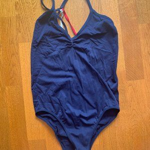 navy blue stretchy body suit